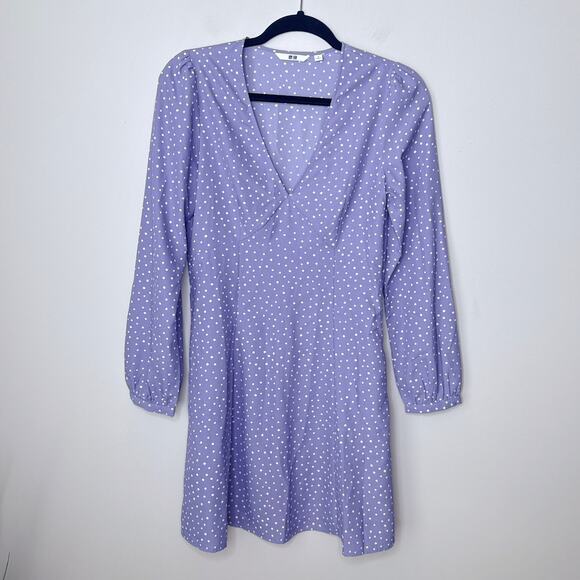 Uniqlo Purple White Dots Printed V-Neck Long Sleeve Mini Dress Small Fit  Flare - Picture 2 of 12